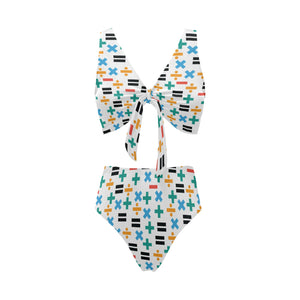 Math Pattern Print Design 05 Chest Bowknot High Waisted Bikini Swimsuit