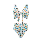 Math Pattern Print Design 05 Chest Bowknot High Waisted Bikini Swimsuit