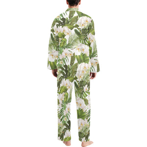 White orchid flower tropical leaves pattern Men's Long Pajama Set