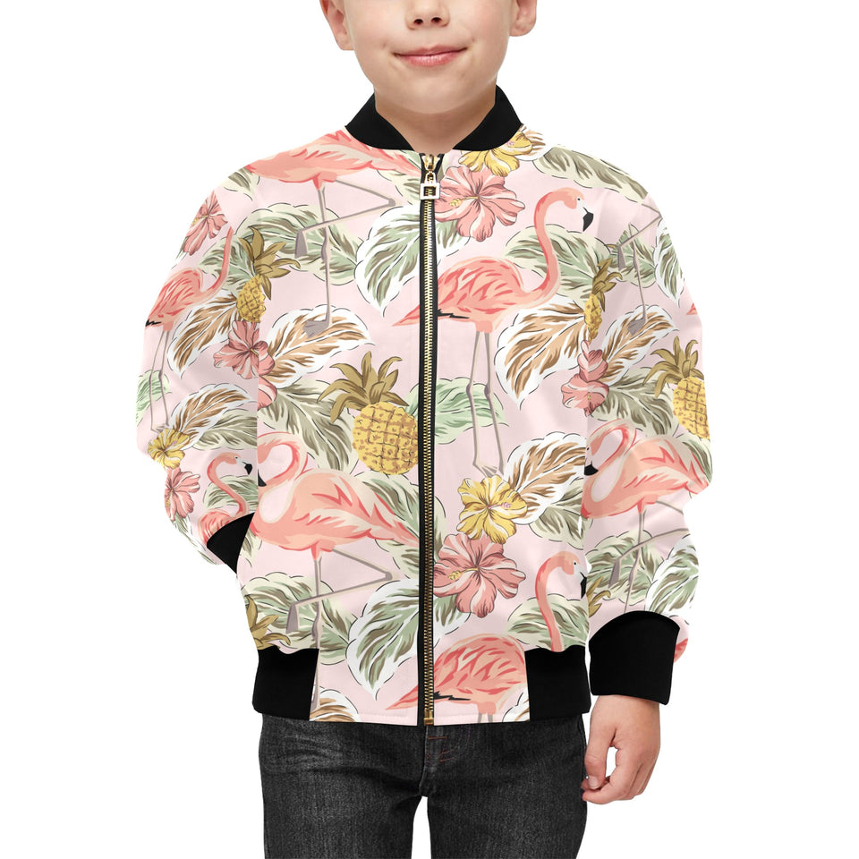 Pink flamingo birds pineapples hibiscus flower pat Kids' Boys' Girls' Bomber Jacket