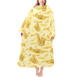 Saxophone cornet pattern yellow background Blanket Robe with Sleeves