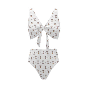 Greyhound Pattern Print Design 05 Chest Bowknot High Waisted Bikini Swimsuit