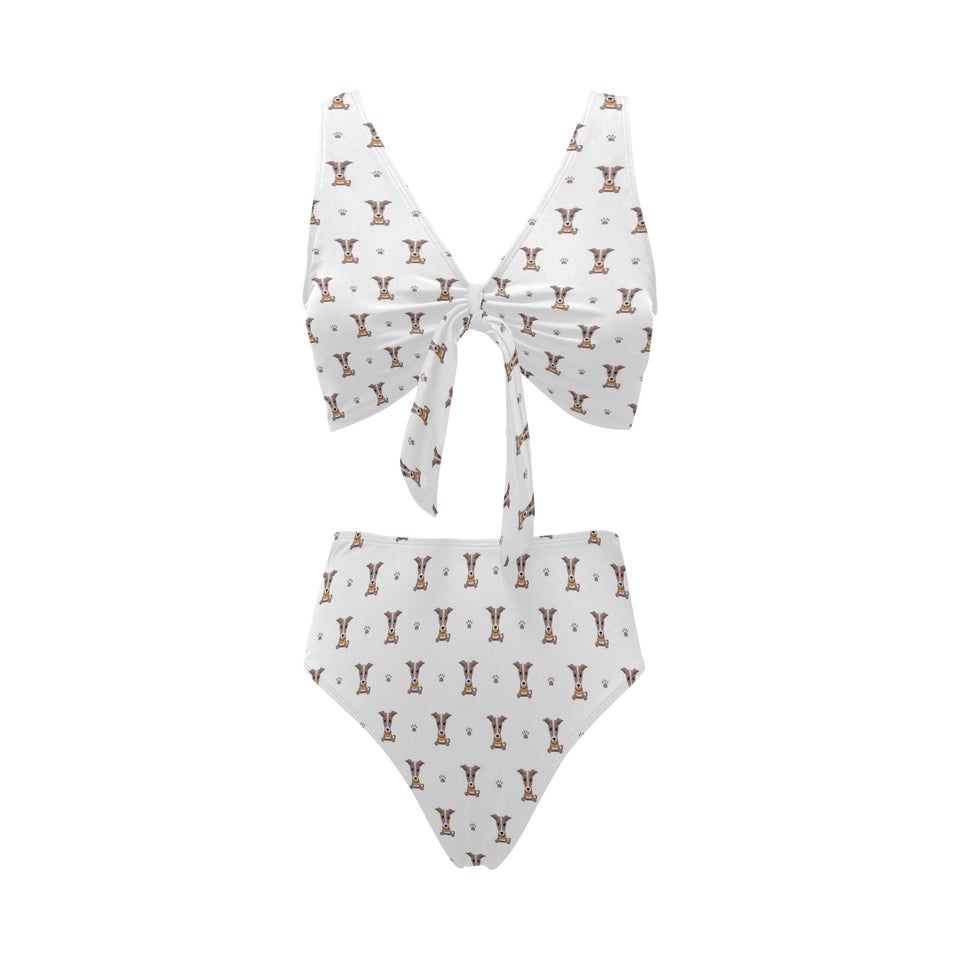 Greyhound Pattern Print Design 05 Chest Bowknot High Waisted Bikini Swimsuit