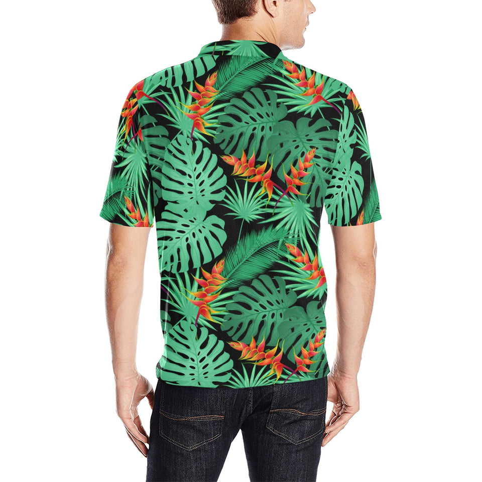 heliconia flower palm monstera leaves black backgr Men's All Over Print Polo Shirt