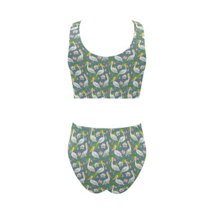 Pelican Pattern Print Design 04 Chest Bowknot High Waisted Bikini Swimsuit