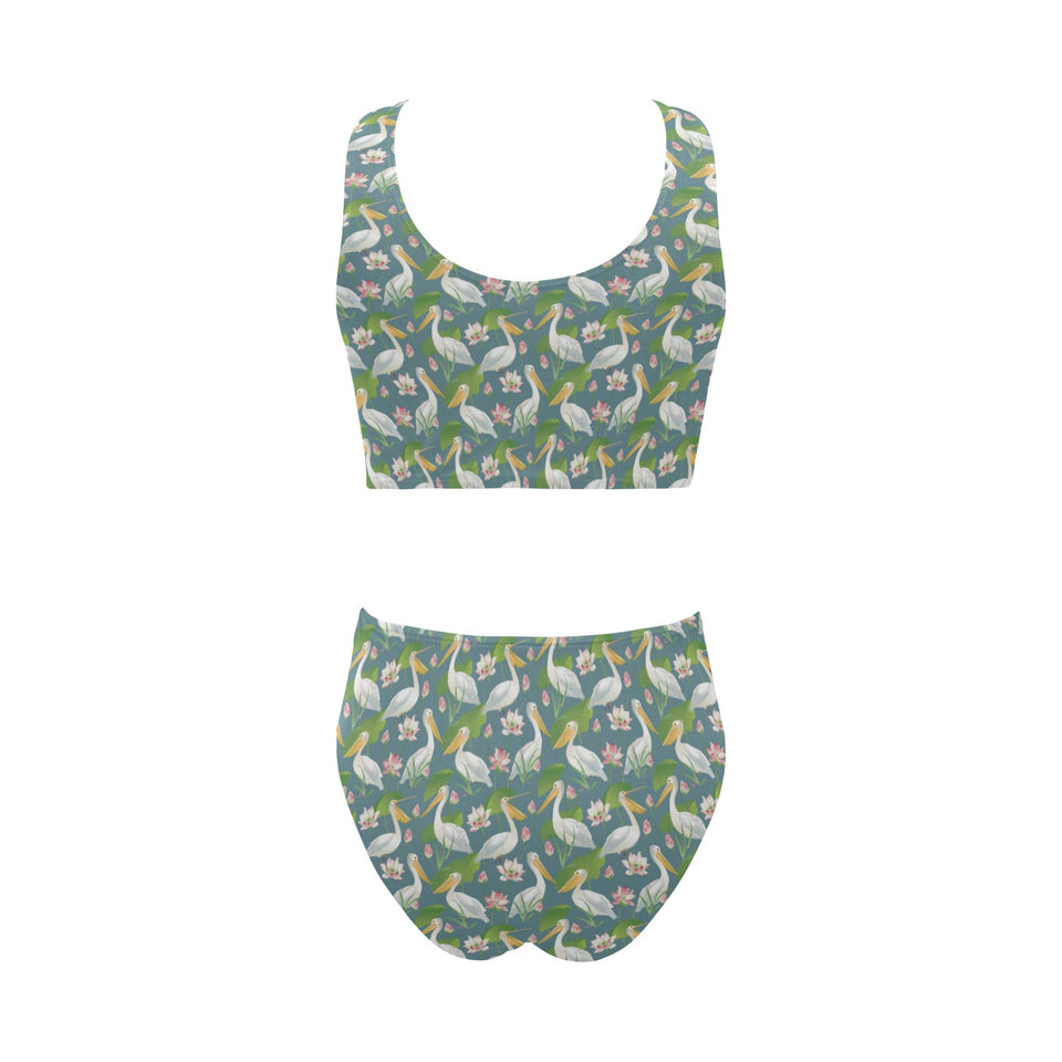 Pelican Pattern Print Design 04 Chest Bowknot High Waisted Bikini Swimsuit