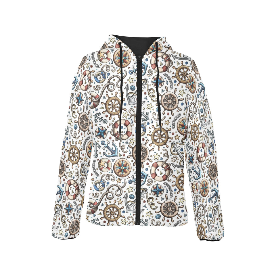 Cute nautical steering wheel anchor pattern Women's Padded Hooded Jacket