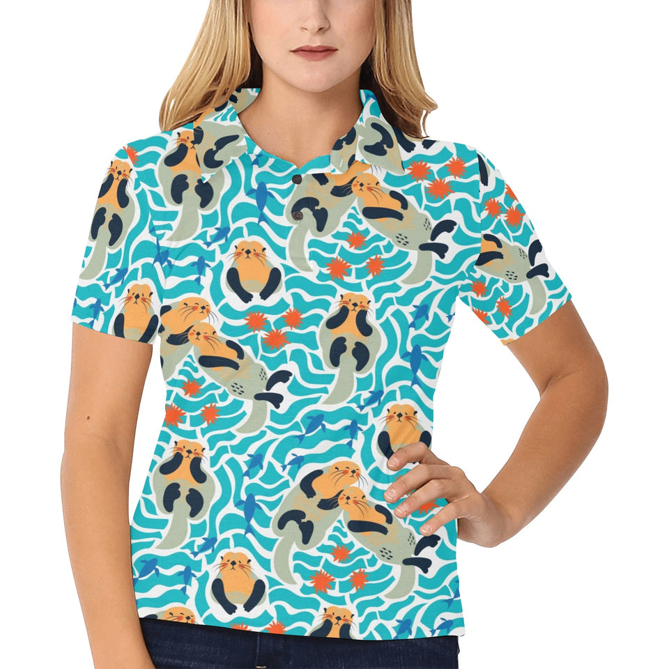 Cute sea otters fishe sea urchin pattern Women's All Over Print Polo Shirt