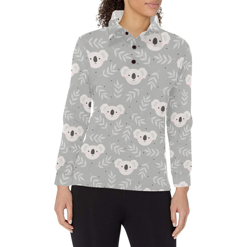 Cute koala leaves pattern Women's Long Sleeve Polo Shirt