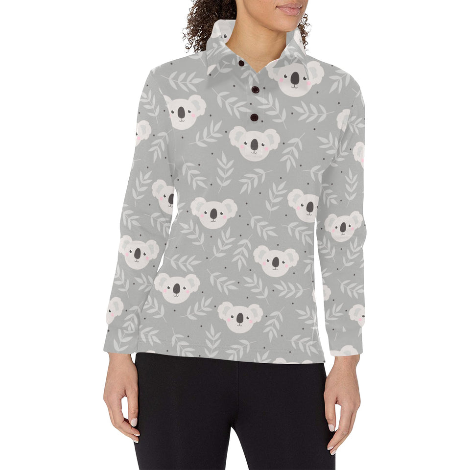 Cute koala leaves pattern Women's Long Sleeve Polo Shirt
