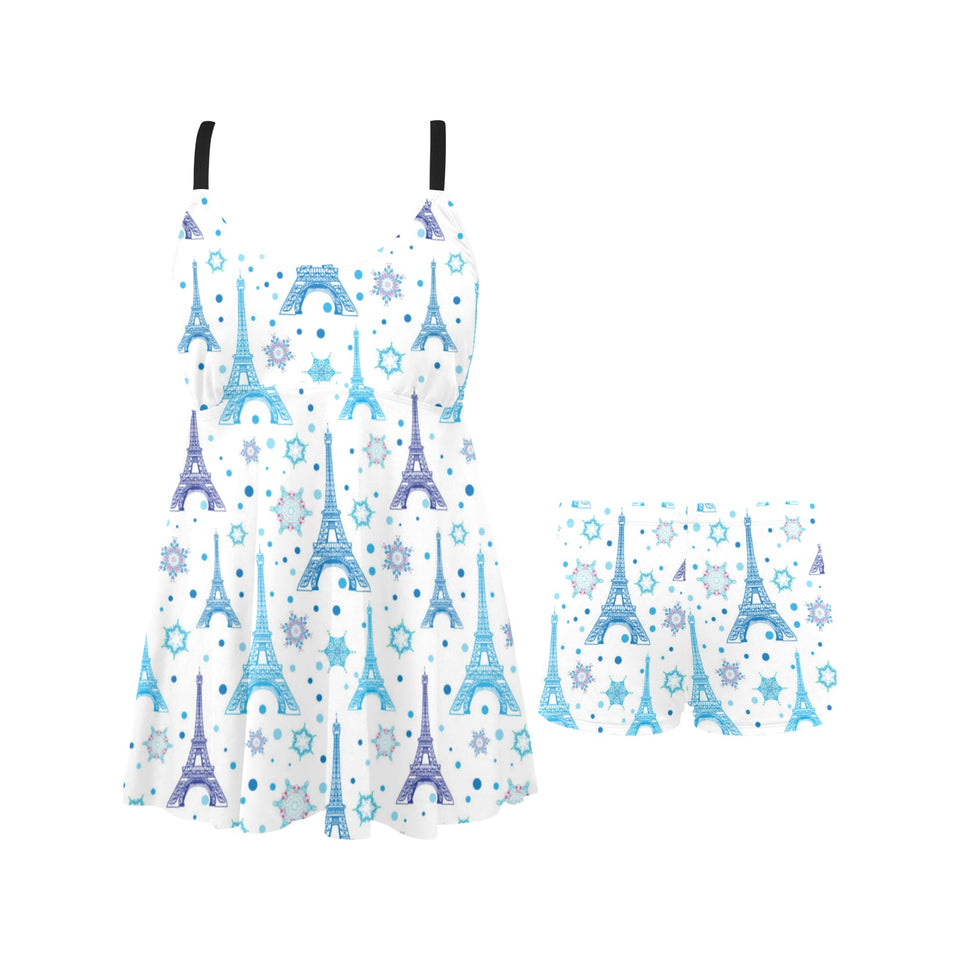 Blue Eiffel Tower Theme Pattern Print Design 01 Chest Sexy Pleated Two Piece Swim Dress