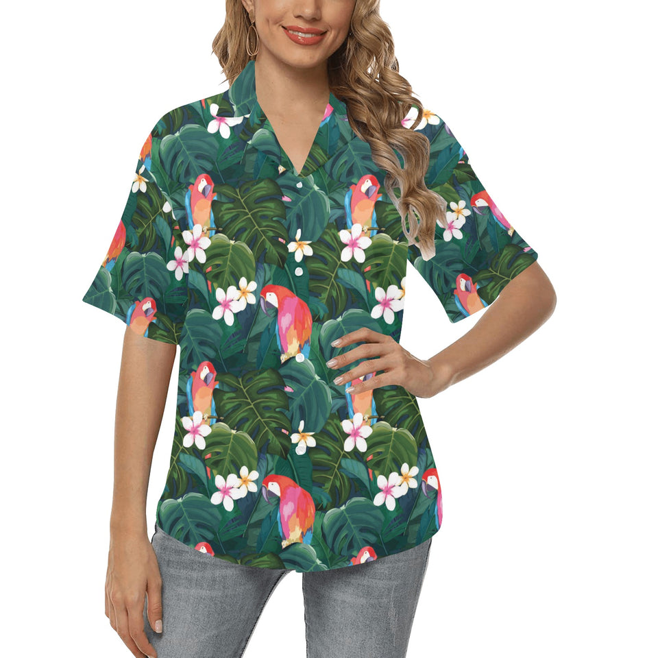 Parrot Palm tree leaves flower hibiscus pattern Women's All Over Print Hawaiian Shirt