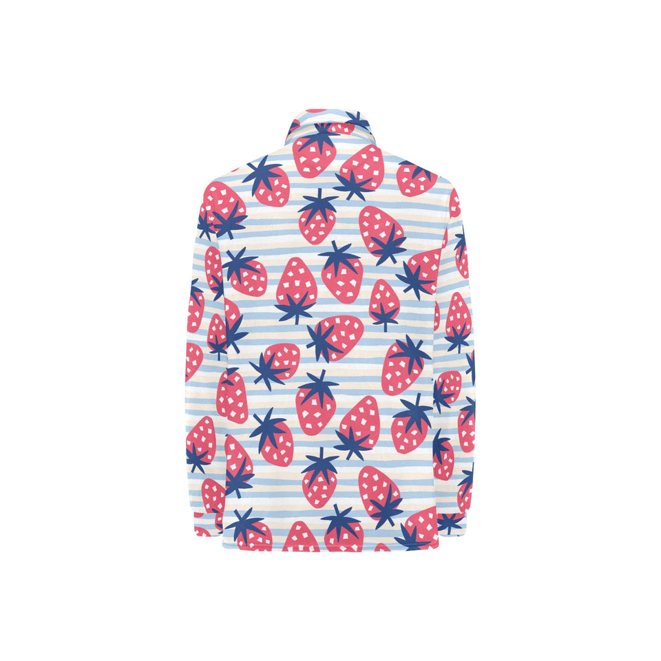 Strawberry pattern blue lines background Women's Long Sleeve Polo Shirt