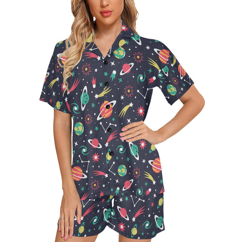 colorful space pattern planet star Women's V-Neck Short Pajama Set