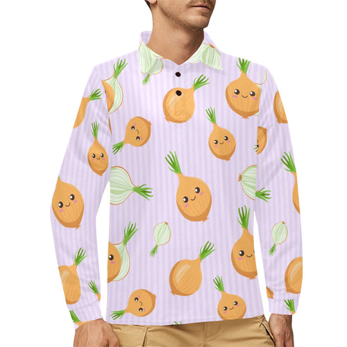 cute onions smiling faces purple background Men's Long Sleeve Polo Shirt