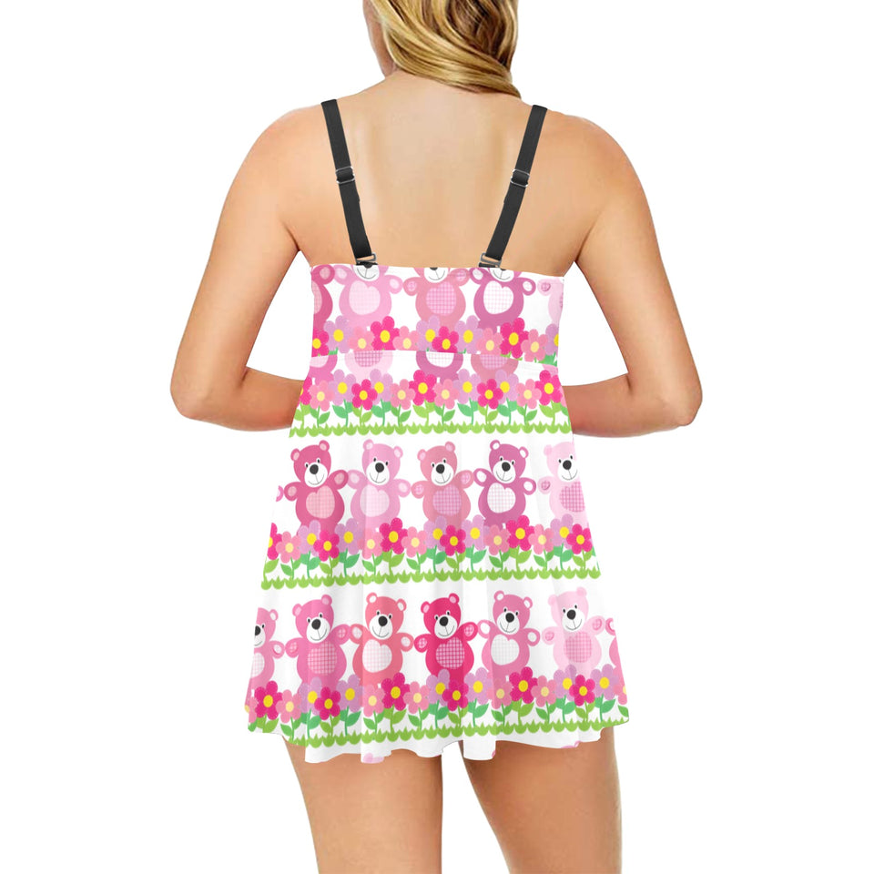 Teddy Bear Pattern Print Design 04 Chest Sexy Pleated Two Piece Swim Dress