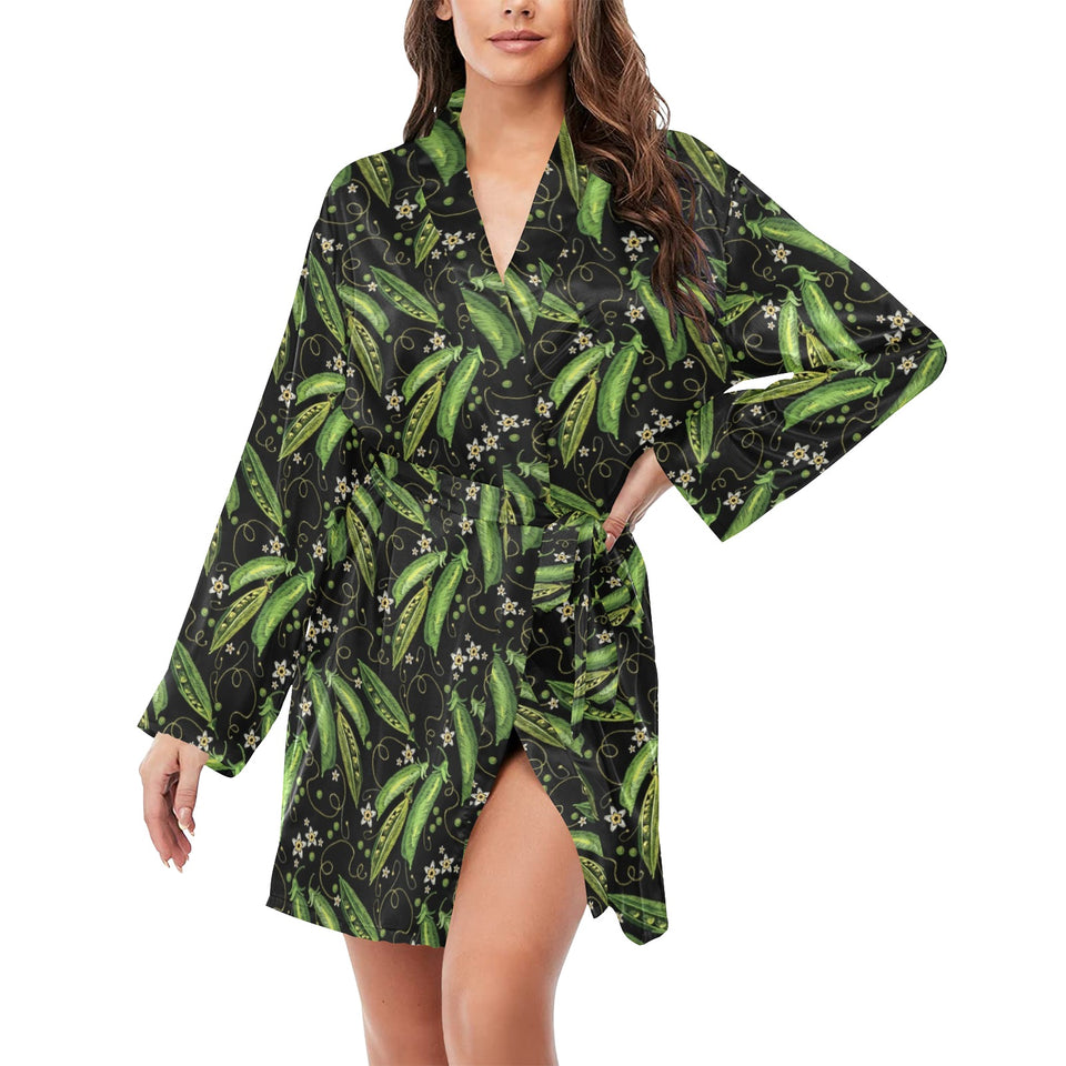 Green Peas Pattern Print Design 02 Women's Long Sleeve Belted Night Robe