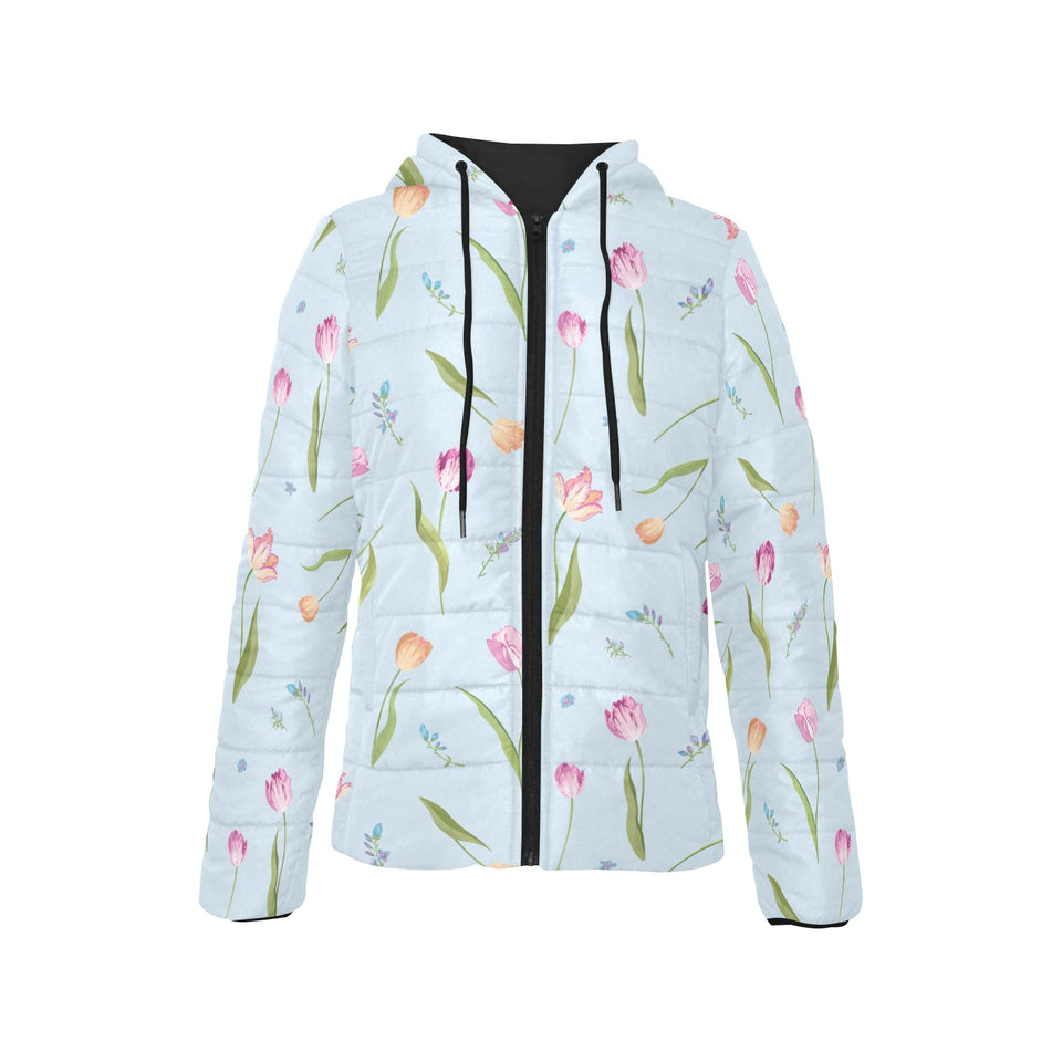 Watercolor Tulips pattern Women's Padded Hooded Jacket