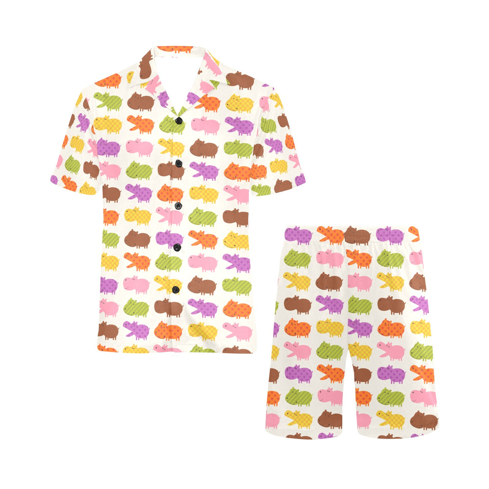 Hippopotamus Pattern Print Design 01 Men's V-Neck Short Pajama Set