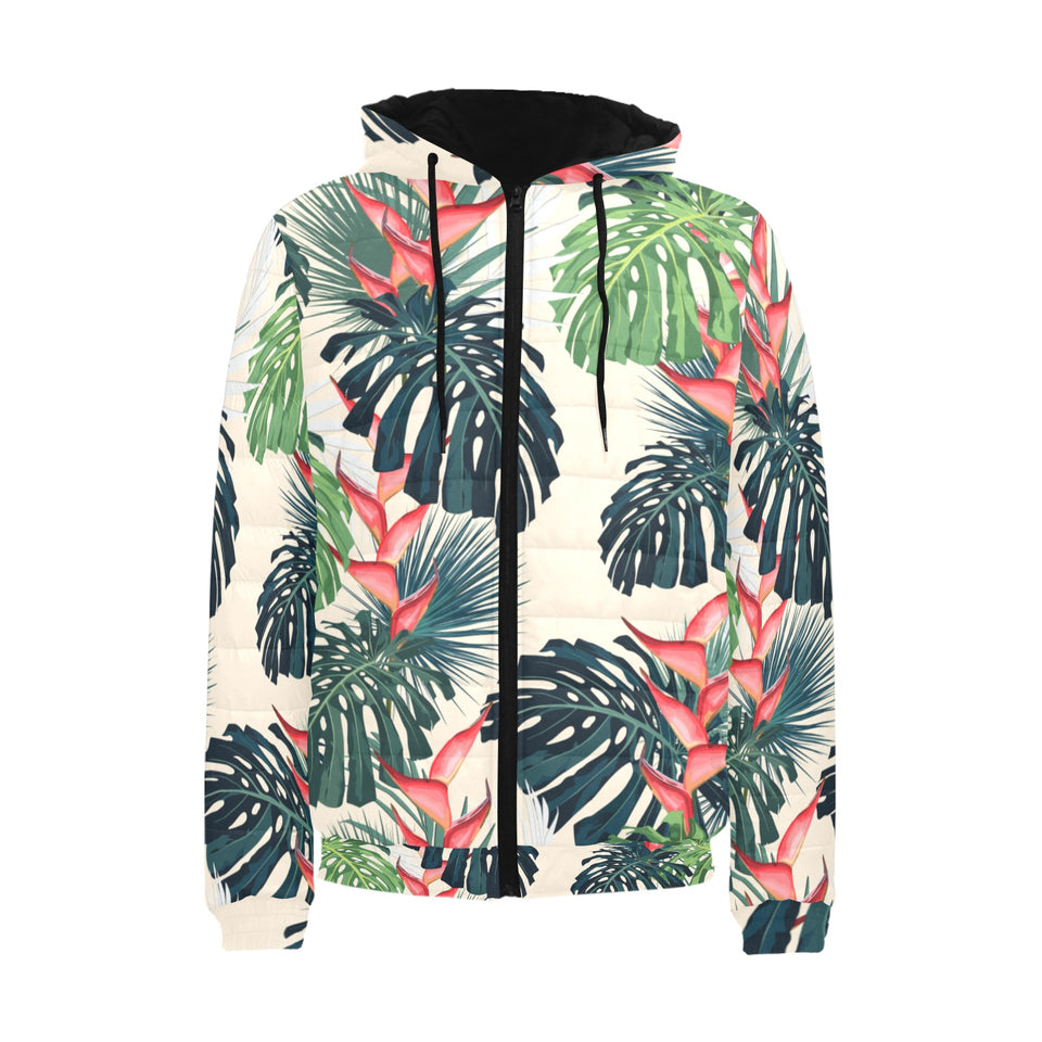 heliconia flowers, palm and monstera leaves Men's Padded Hooded Jacket