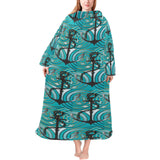 Anchor nautical green background Blanket Robe with Sleeves