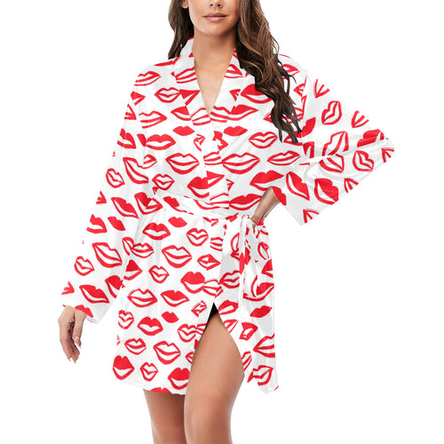 Lips Pattern Print Design 05 Women's Long Sleeve Belted Night Robe