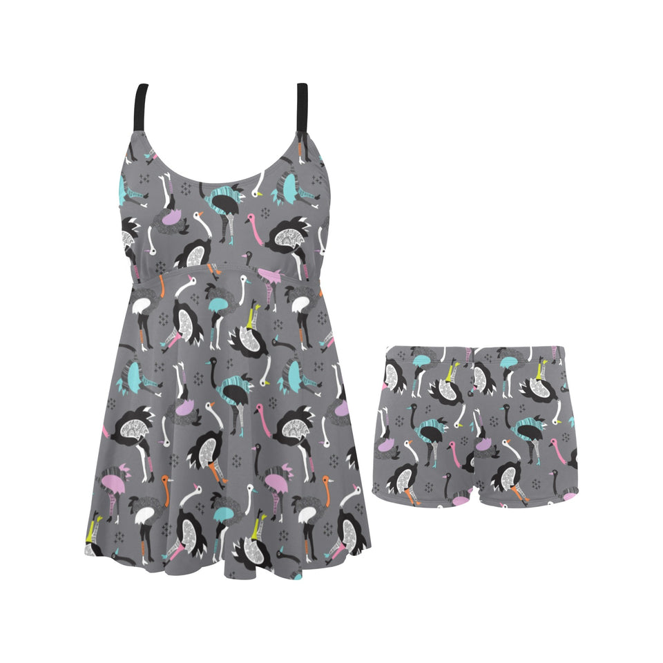 Ostrich Pattern Print Design 01 Chest Sexy Pleated Two Piece Swim Dress