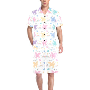 colorful unicorn rainbow heart pattern Men's V-Neck Short Pajama Set