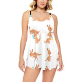 Cute Kangaroo pattern Chest Sexy Pleated Two Piece Swim Dress