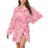 Pink donut glaze candy pattern Women's Long Sleeve Belted Night Robe