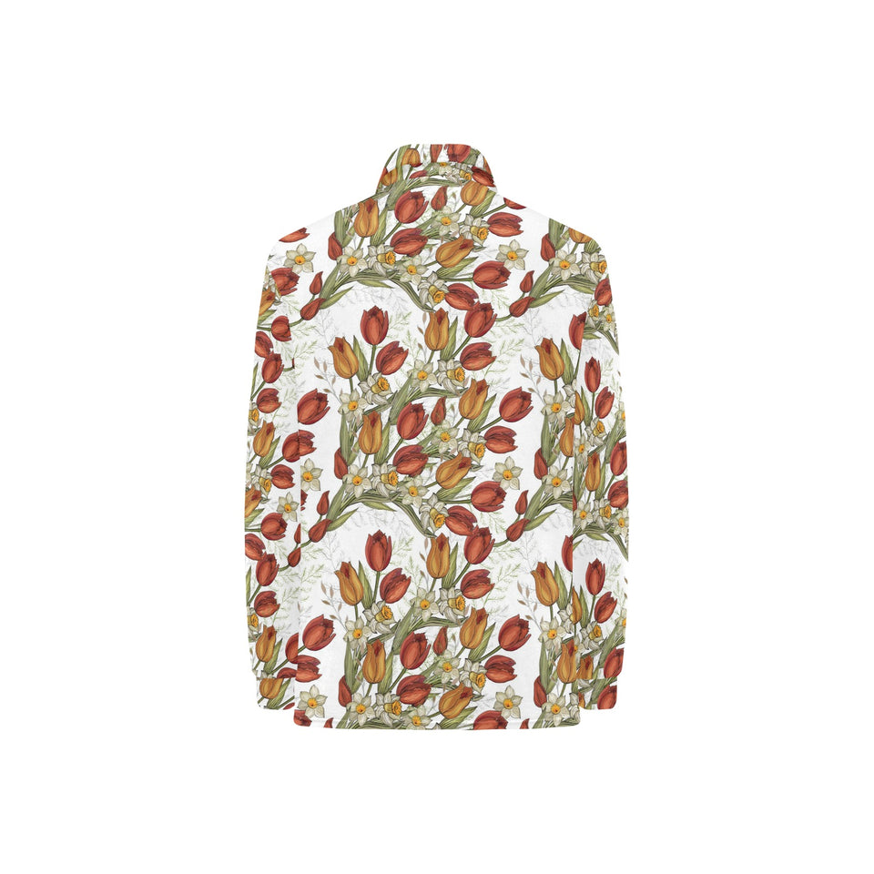 Red tulips and daffodils pattern Women's Long Sleeve Polo Shirt
