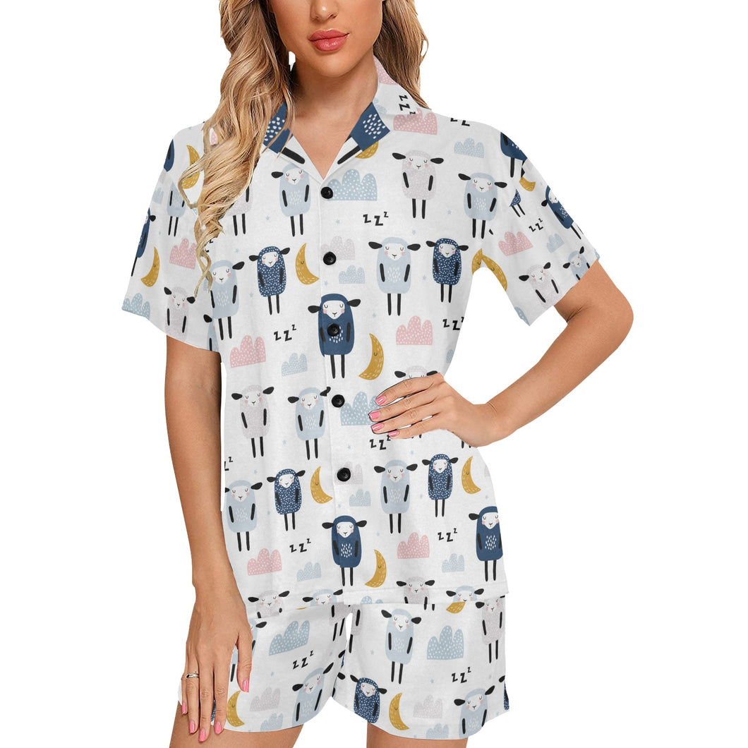 Cute sleeping sheep moon cloud pattern Women's V-Neck Short Pajama Set