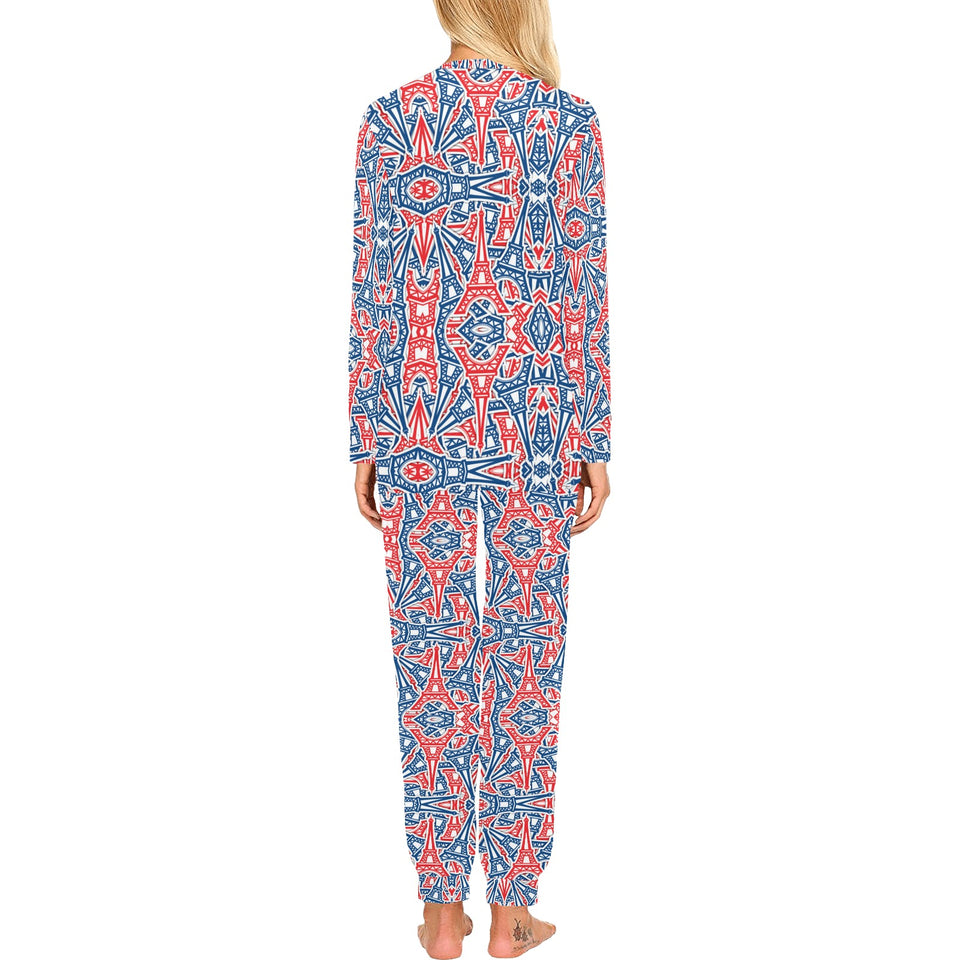 Blue Red Eiffel Tower Pattern Print Design 02 Women's All Over Print Pajama Set