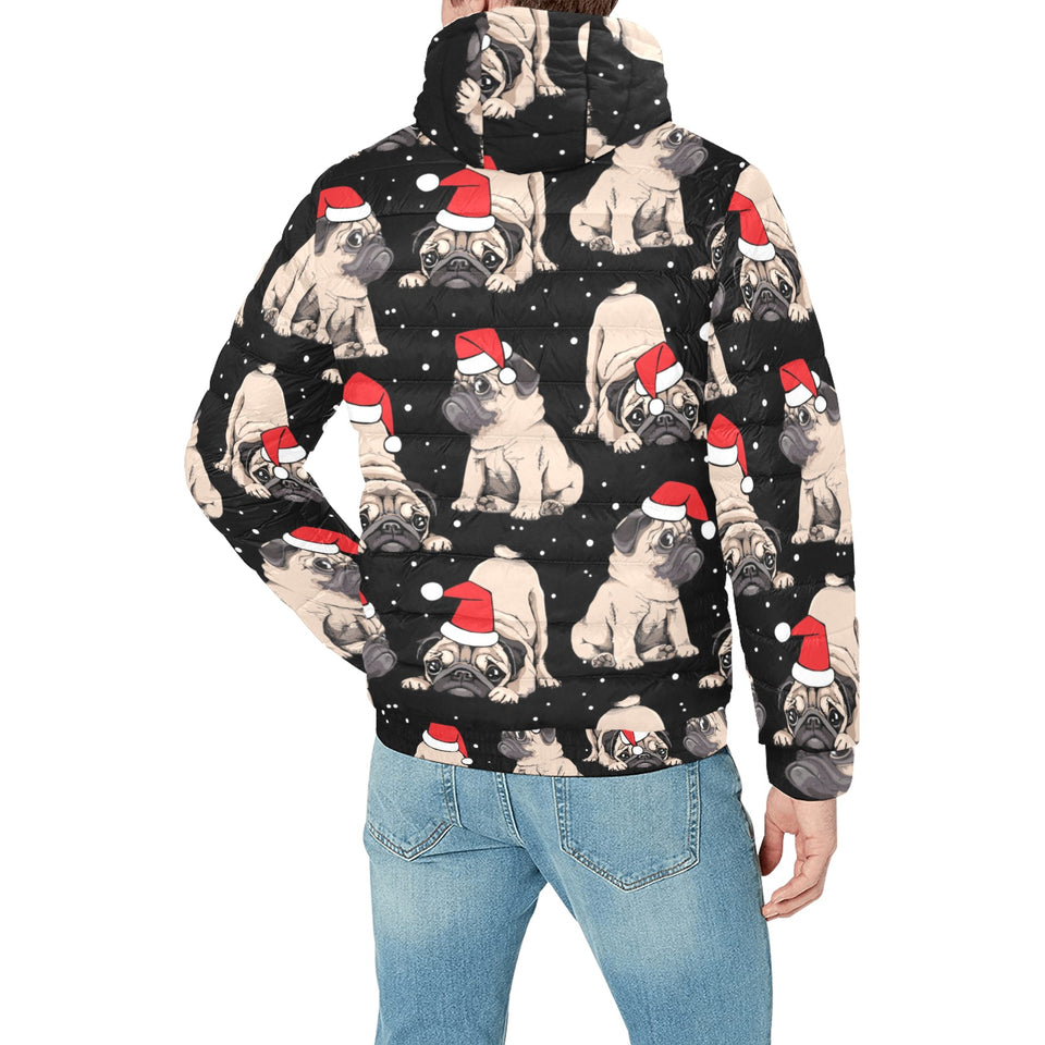 Christmas Pugs Santa_s red cap pattern Men's Padded Hooded Jacket