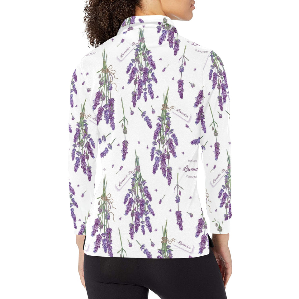 lavender flower design pattern Women's Long Sleeve Polo Shirt