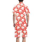 Cute Maneki neko cat red background Men's V-Neck Short Pajama Set
