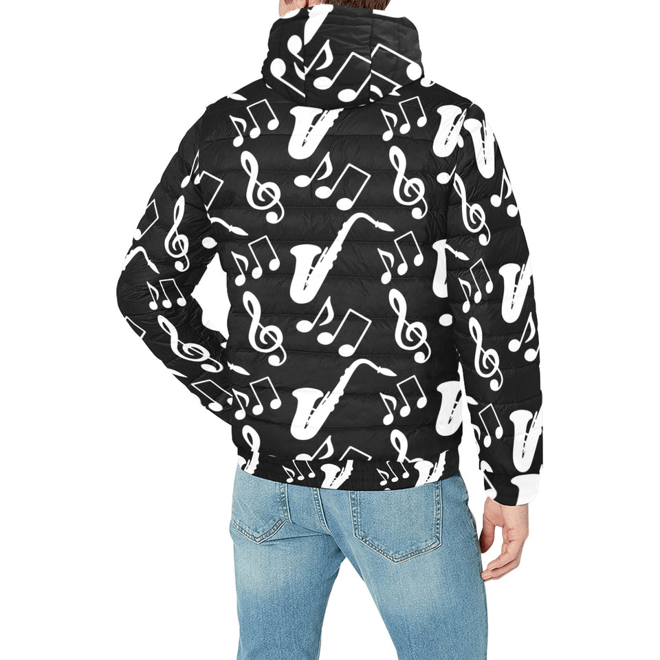 Saxophone music notes treble clef black white them Men's Padded Hooded Jacket