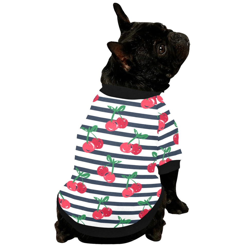 Hand drawn cherry pattern striped background All Over Print Pet Dog Round Neck Fuzzy Shirt