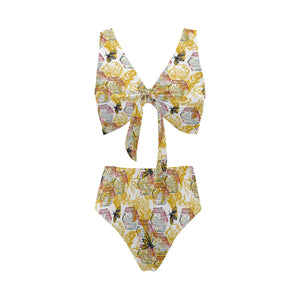 Cool Bee honeycomb leaves pattern Chest Bowknot High Waisted Bikini Swimsuit
