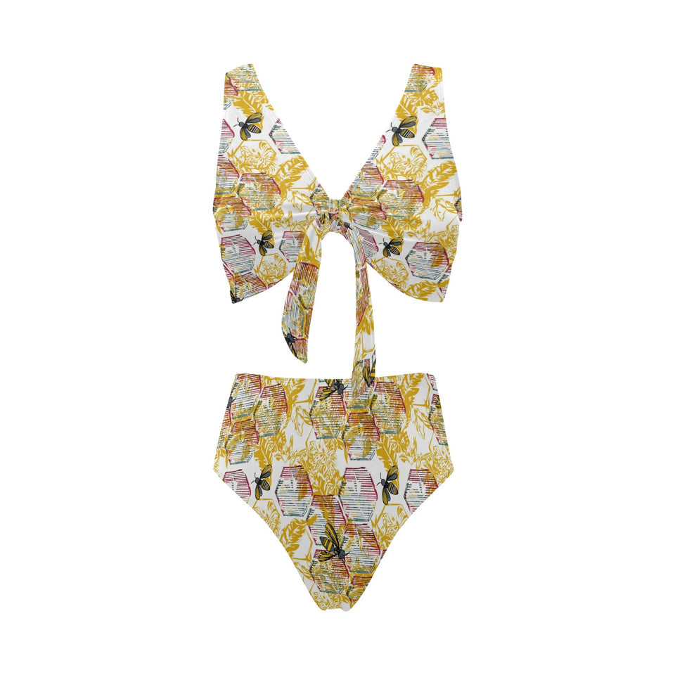 Cool Bee honeycomb leaves pattern Chest Bowknot High Waisted Bikini Swimsuit