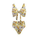 Cool Bee honeycomb leaves pattern Chest Bowknot High Waisted Bikini Swimsuit
