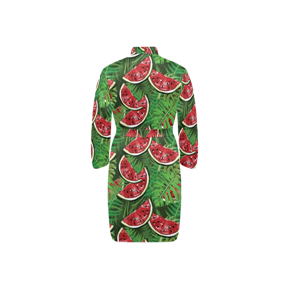 Watermelons tropical palm leaves pattern backgroun Men's Long Sleeve Belted Night Robe