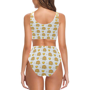Pancake Pattern Print Design 03 Chest Bowknot High Waisted Bikini Swimsuit