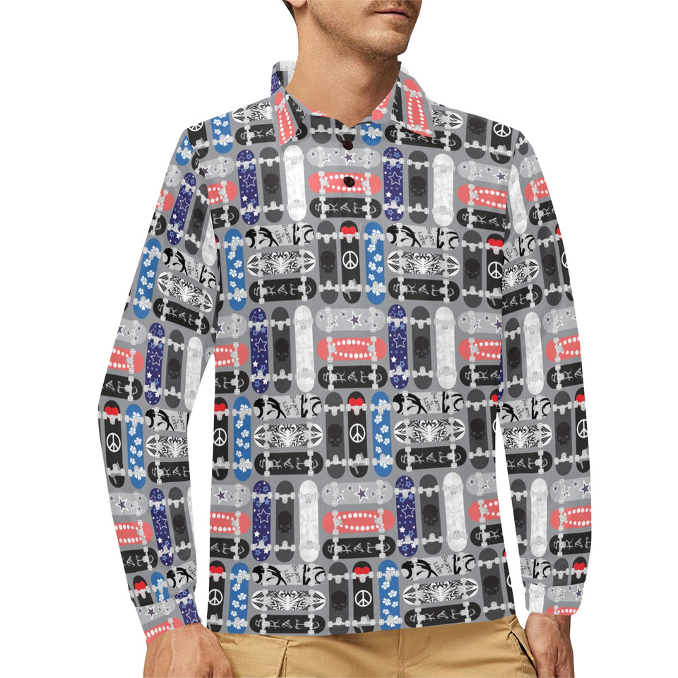 Skate Board Pattern Print Design 04 Men's Long Sleeve Polo Shirt