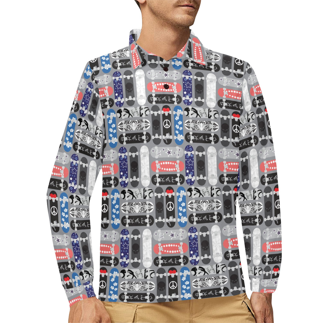 Skate Board Pattern Print Design 04 Men's Long Sleeve Polo Shirt