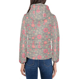 Red gold Sakura cherry blossom gray background Women's Padded Hooded Jacket