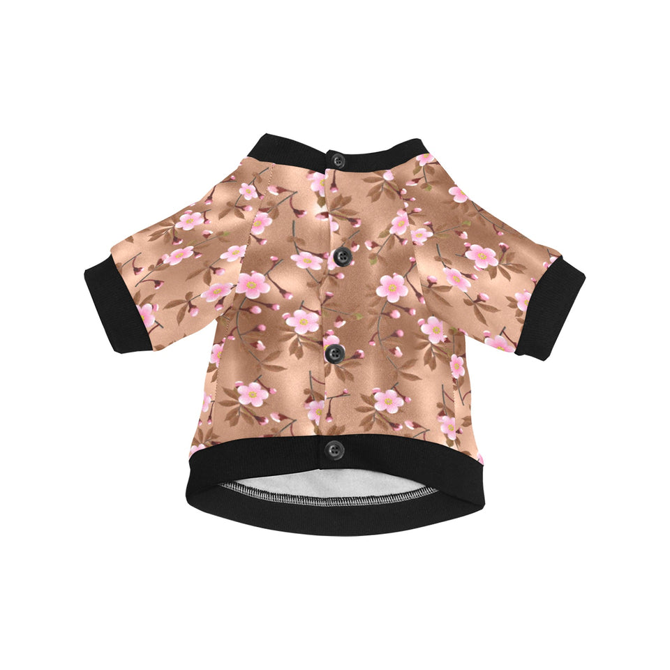 Pink sakura cherry blossom drak brown background All Over Print Pet Dog Round Neck Fuzzy Shirt