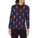 Watercolor colorful seahorse pattern Women's Long Sleeve Polo Shirt