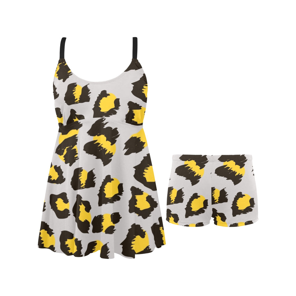 Gray Leopard print pattern Chest Sexy Pleated Two Piece Swim Dress