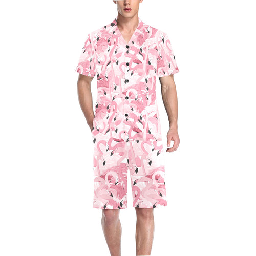 Pink flamingos pattern background Men's V-Neck Short Pajama Set